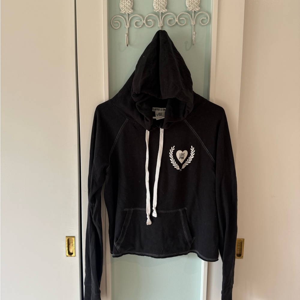 Victoria's Secret cropped Black Hoodie with White Heart Emblem